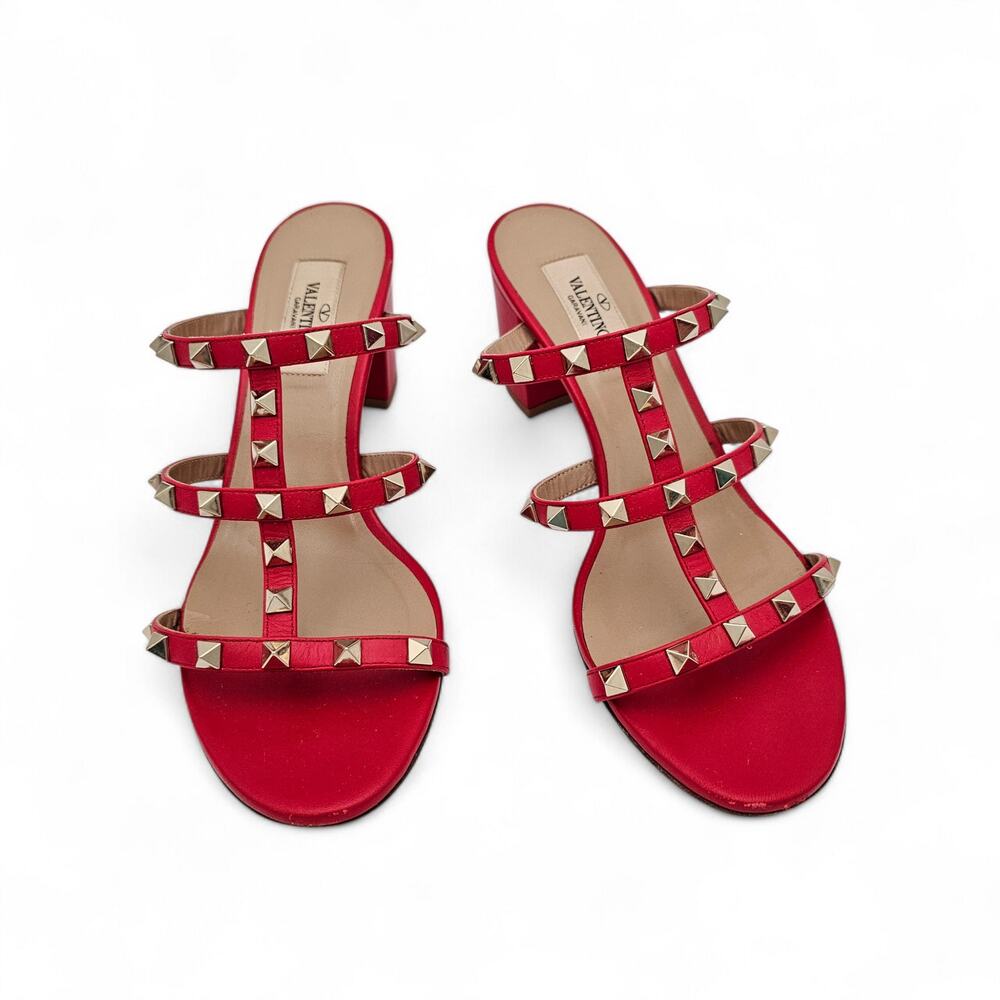 Valentino Garavani Rockstud Sandal Cage Block Heel Red Leather Size 38.5 US 8.5